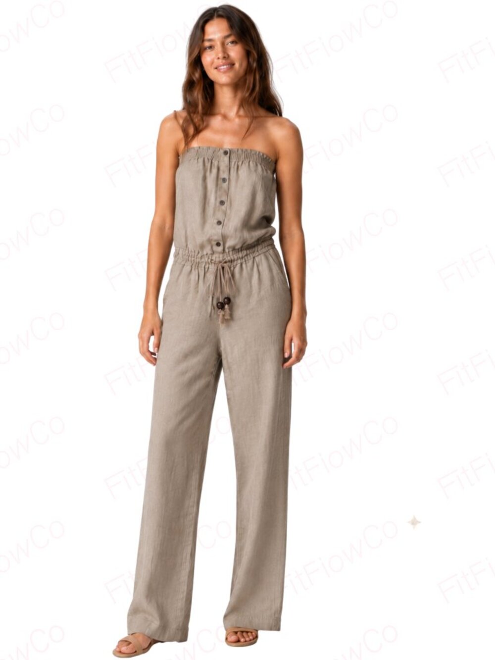 Vantarsi 100% Linen Strapless Jumpsuit Size L Beige Coastal Boho